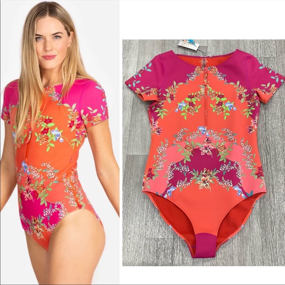 Johnny Was Pink and Orange Floral Short-Sleeve One-Piece Swimsuit